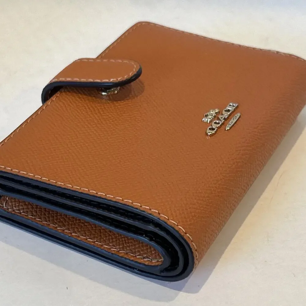 Coach Medium Bifold Snap Wallet Crossgrain Leather Corner Zip Orange ID Window